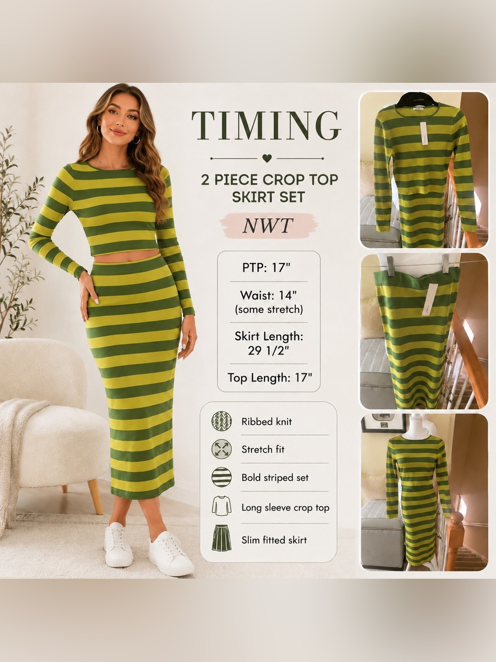 NWT- Timing Green Striped Long Sleeve Knit Skirt Set-2piece Set